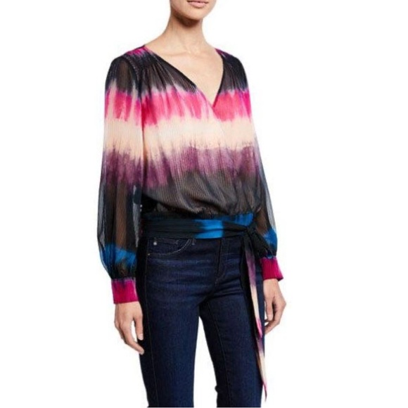 Tanya Taylor Size 8 Klara Tie-Dye Surplice Long Sleeve Silk Wrap Blouse - Picture 1 of 11